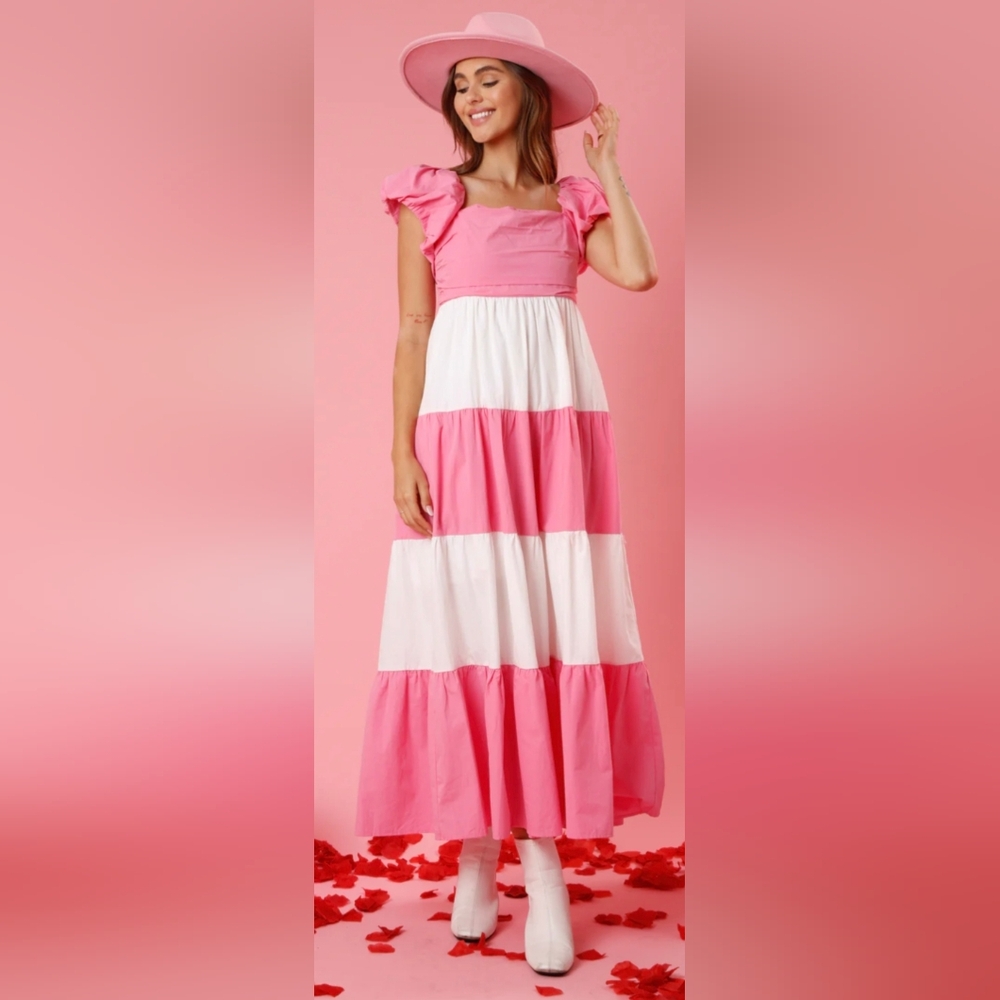 Peach Love Pink Color Block  Tiered Dress Large With Pockets